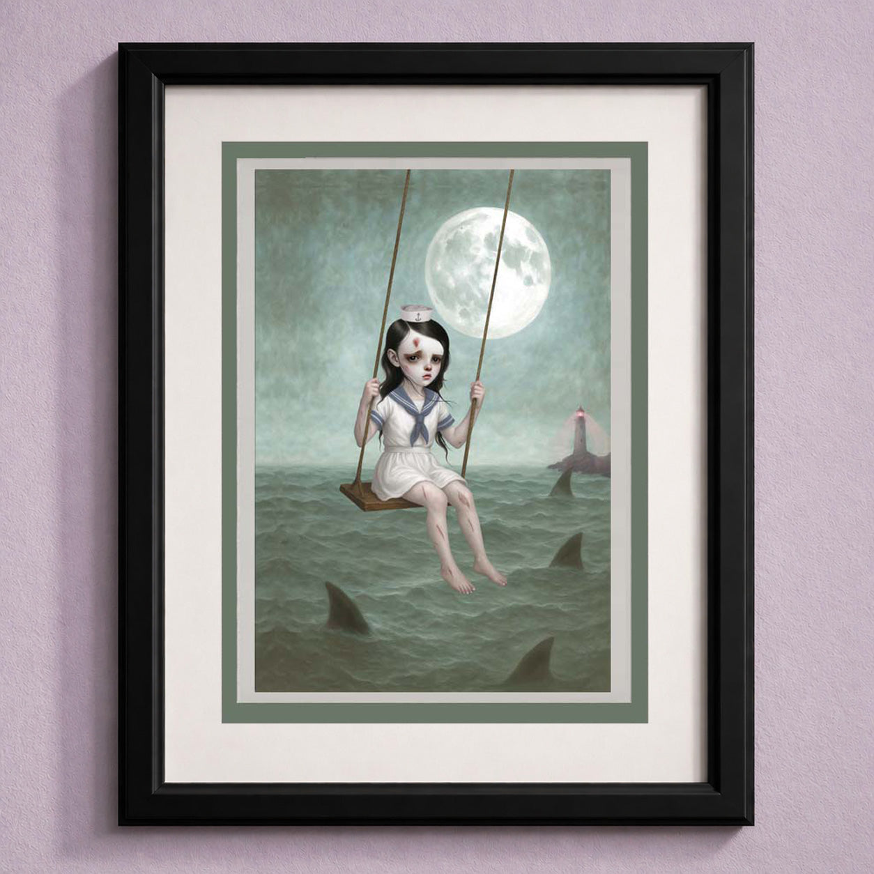 Framed artwork of a sailor girl on a swing over water with sharks and a moonlit sky.