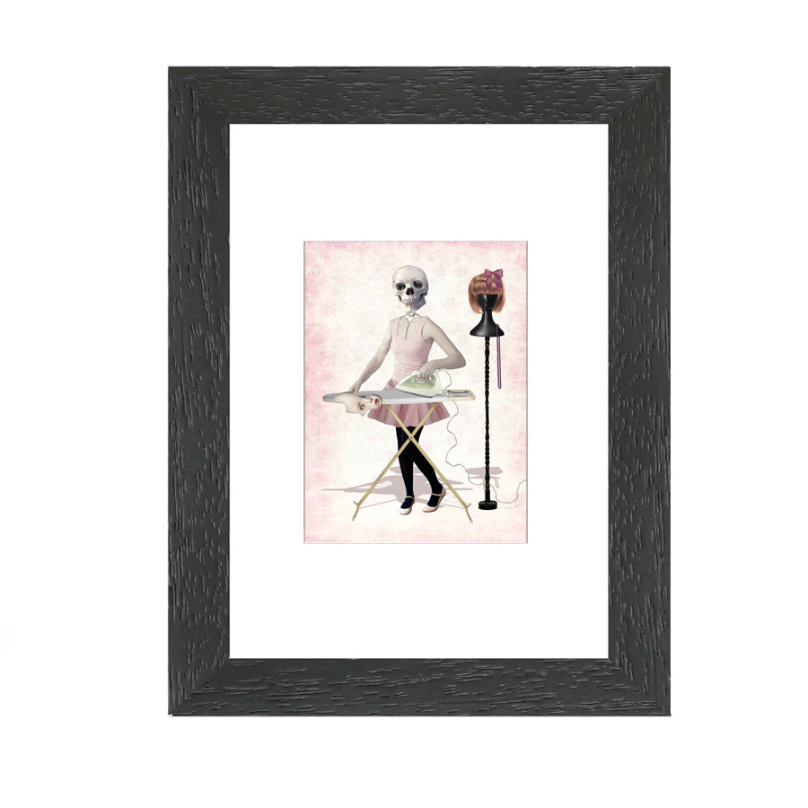 Framed ACEO print of skeleton girl, featuring creepy cute gothic artwork perfect for home decor or art collectors.