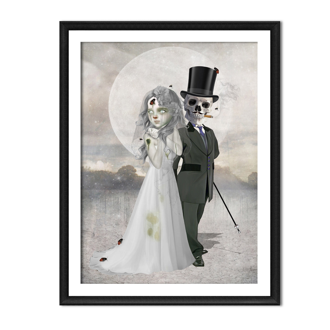 Framed artwork of a zombie bride and skeleton groom, a creepy cute couple against a moonlit sky.