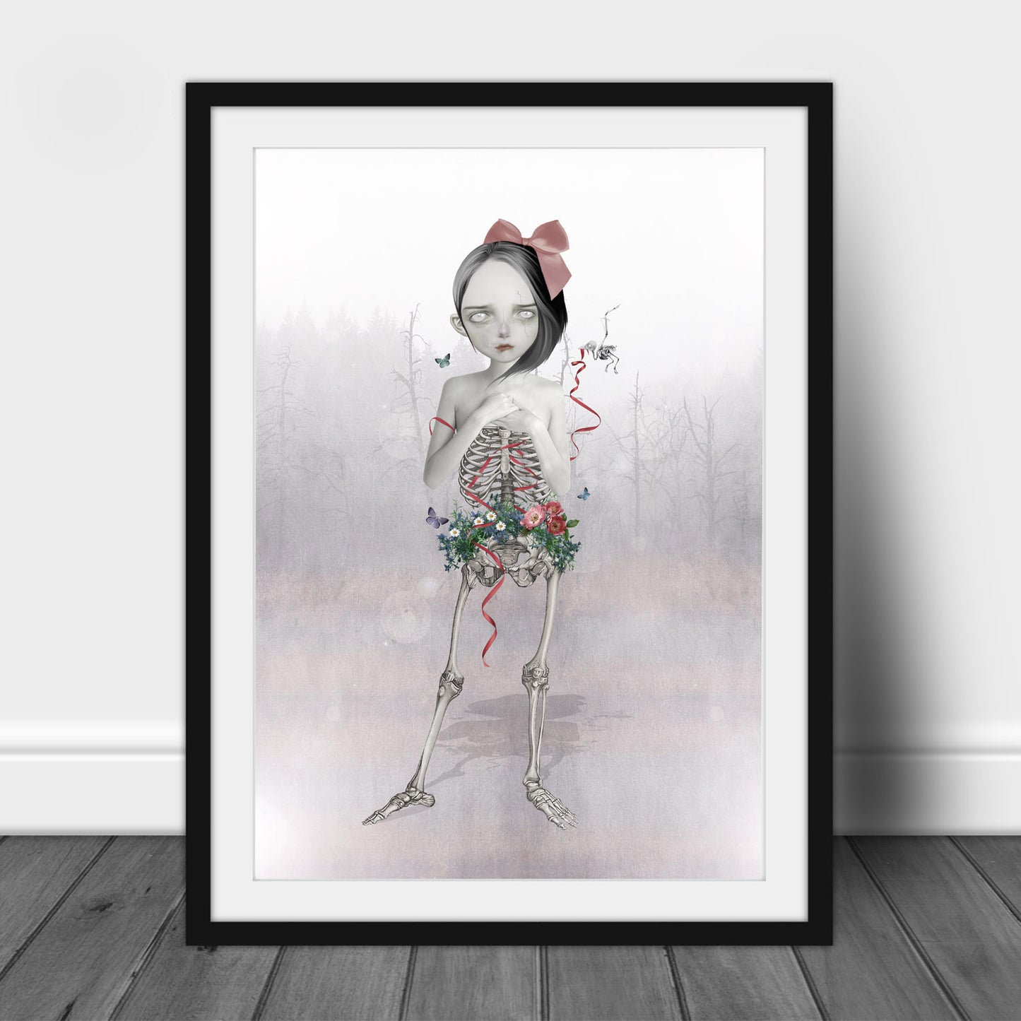 Creepy cute Art Print. Image is a skeleton girl from the waist down, the girl is a hauntingly beautiful skeleton, with wild flowers blooming around her pelvis.