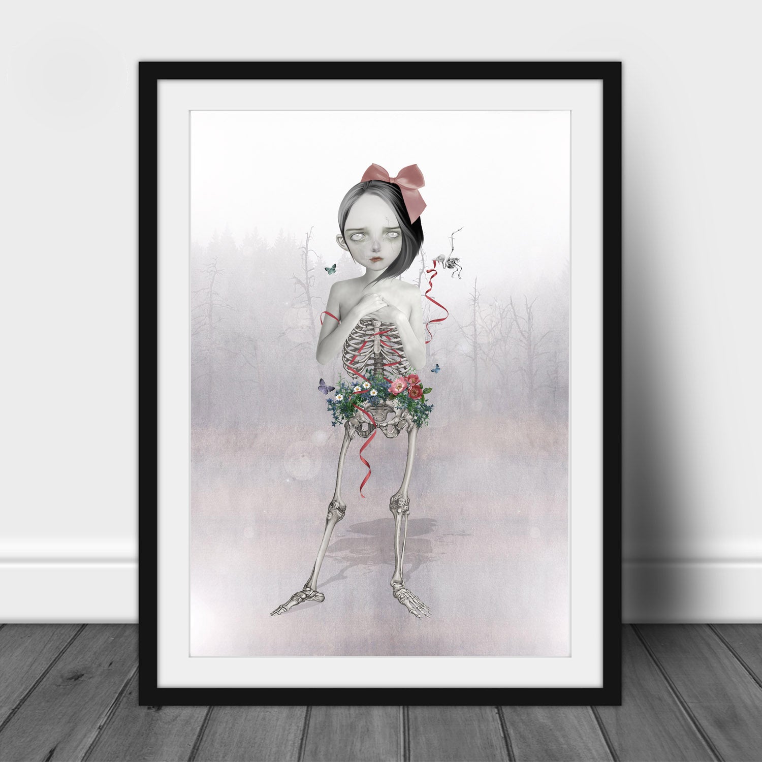 Creepy cute Art Print. Image is a skeleton girl from the waist down, the girl is a hauntingly beautiful skeleton, with wild flowers blooming around her pelvis.