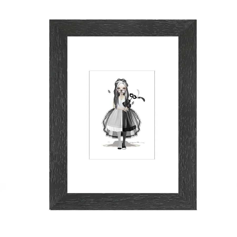 Skull Girl ACEO card in a small frame, displaying whimsical gothic art in a stylish, collectible format.