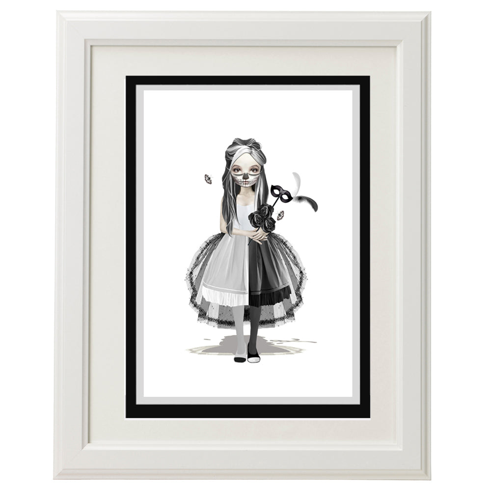 Skull Girl greeting card in a sleek frame, showcasing whimsical gothic art in a stylish, collectible display.