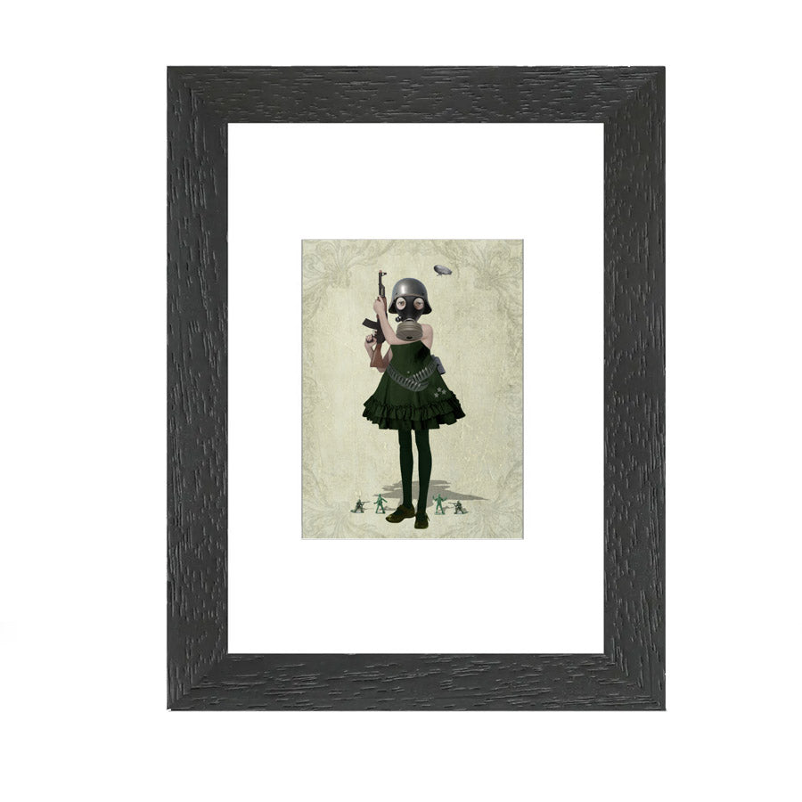 Framed ACEO print of soldier girl with toy soldiers, featuring dystopian artwork perfect for home decor or art collectors.