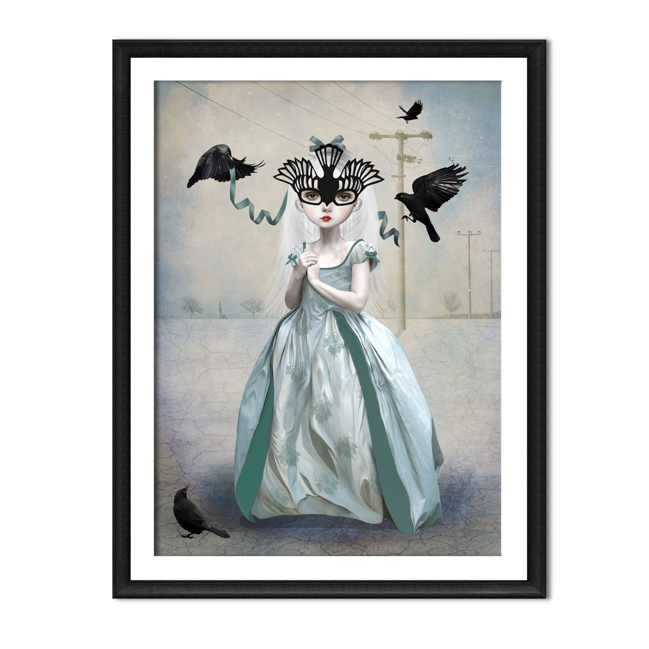 Surreal bird art print featuring a girl in a blue gown adorned with a blackbird mask surrounded by blackbirds. 