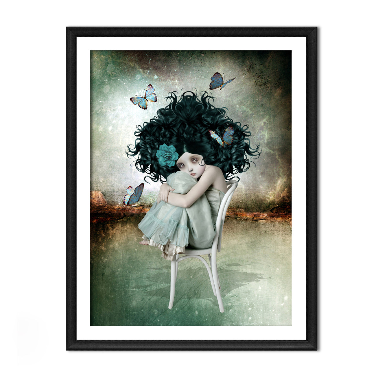 Framed surreal art print features a captivating image of a sullen girl with bouffant hair sitting on a chair, surrounded by butterflies.
