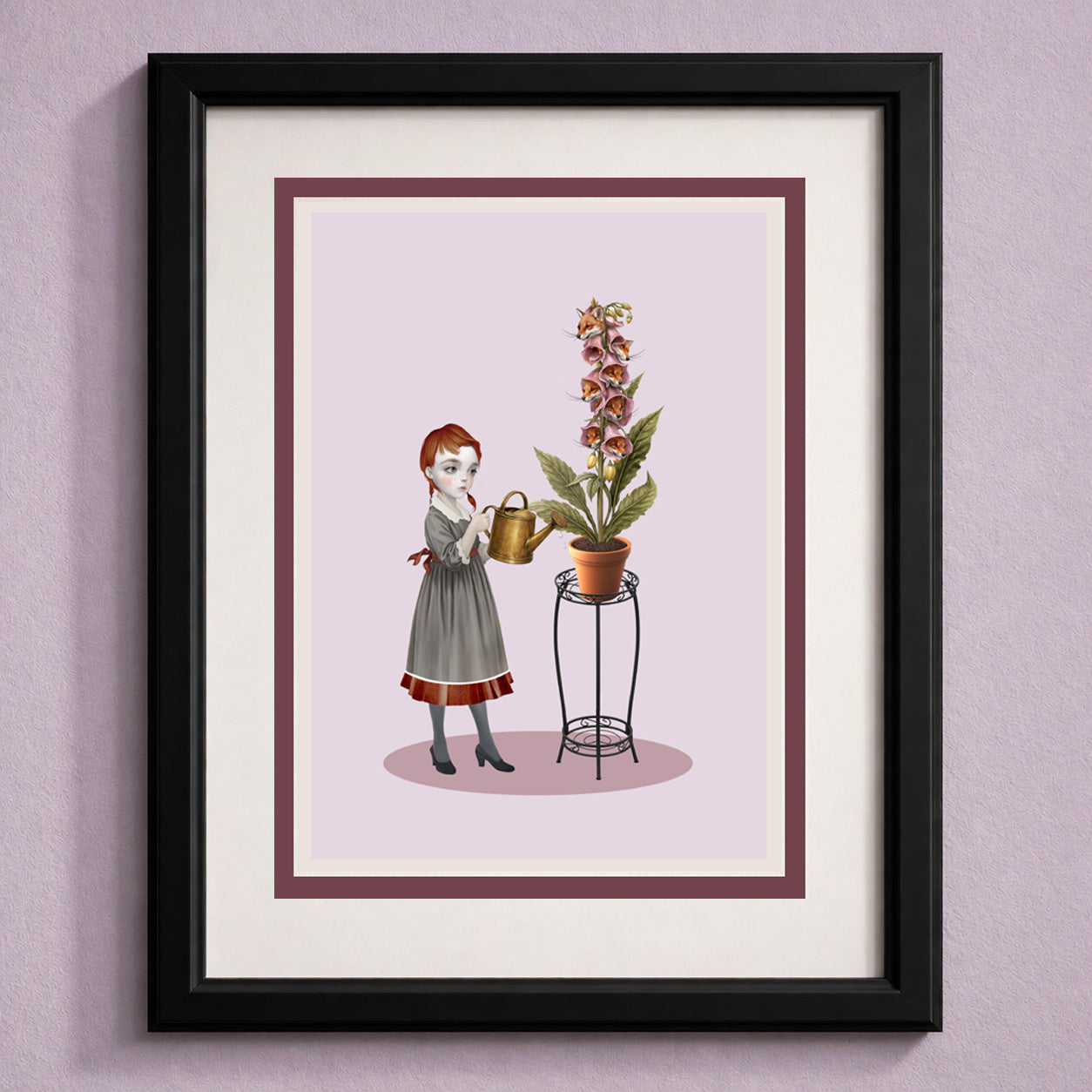 Framed artwork of a girl watering a foxglove plant with cute fox heads on a pink background