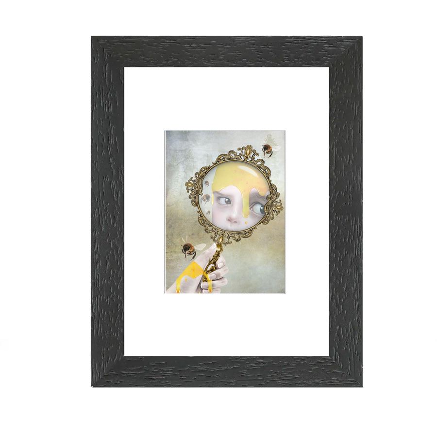 surreal Artist trading card framed features a girl's reflection honey-covered in a hand mirror, surrounded by dancing honey bees