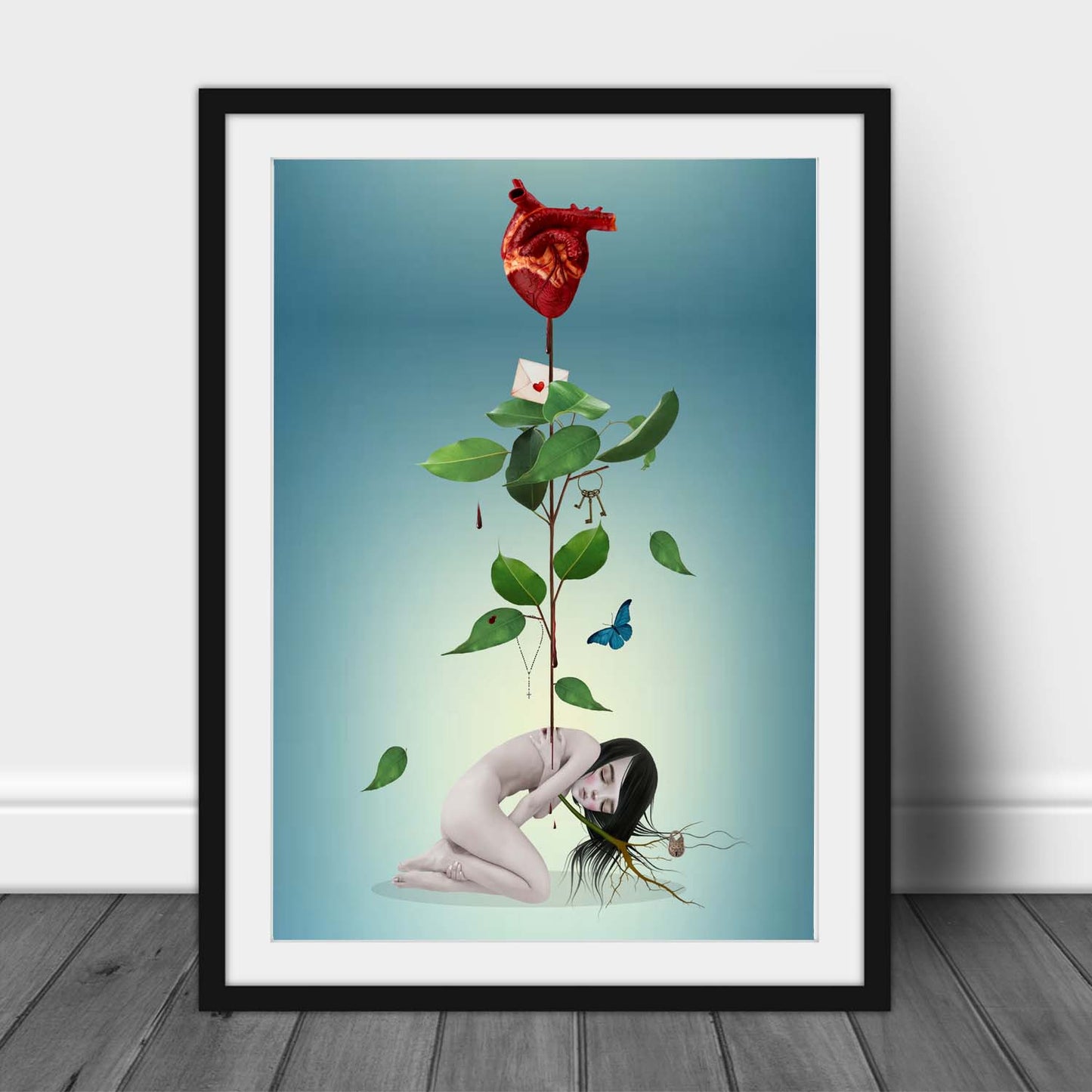 Human heart art print. A sad girl, from her spine emerges a stem, bearing not a  flower, but a human heart.