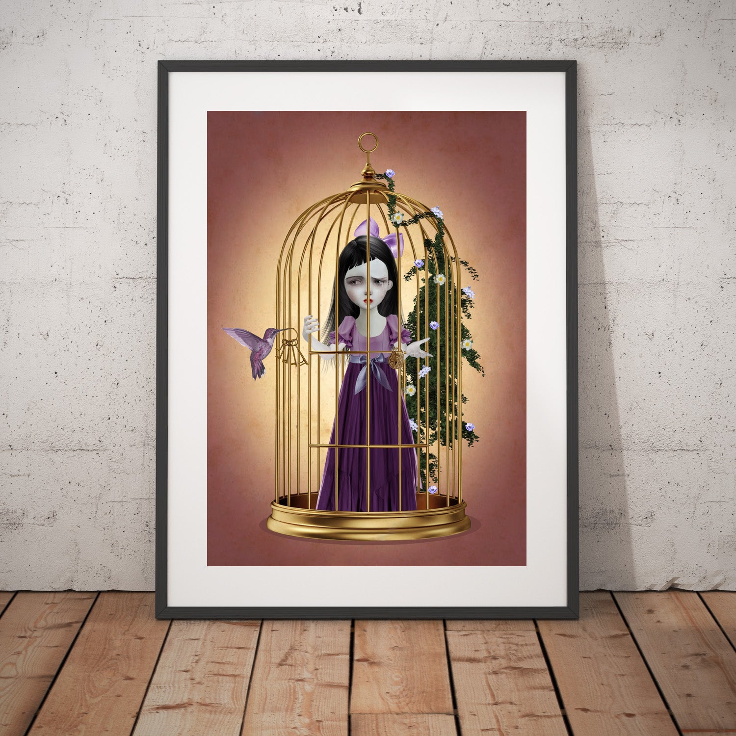 Art Print, girl trapped in a brass-gilded cage, an hummingbird brings the promise of liberation, providing a glimmer of hope with the key.