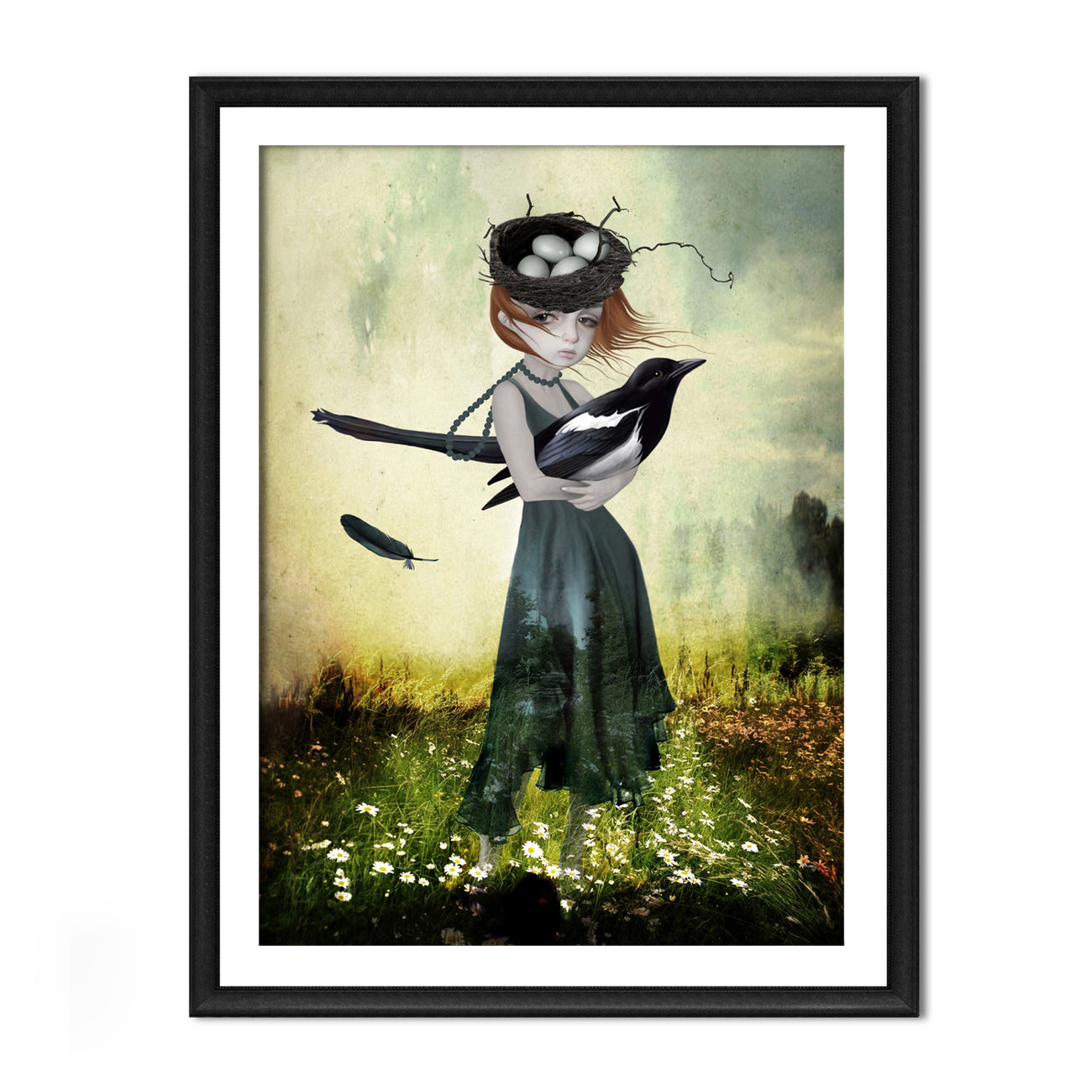 Surreal art print. A girl holding an oversized magpie in a field of flowers.