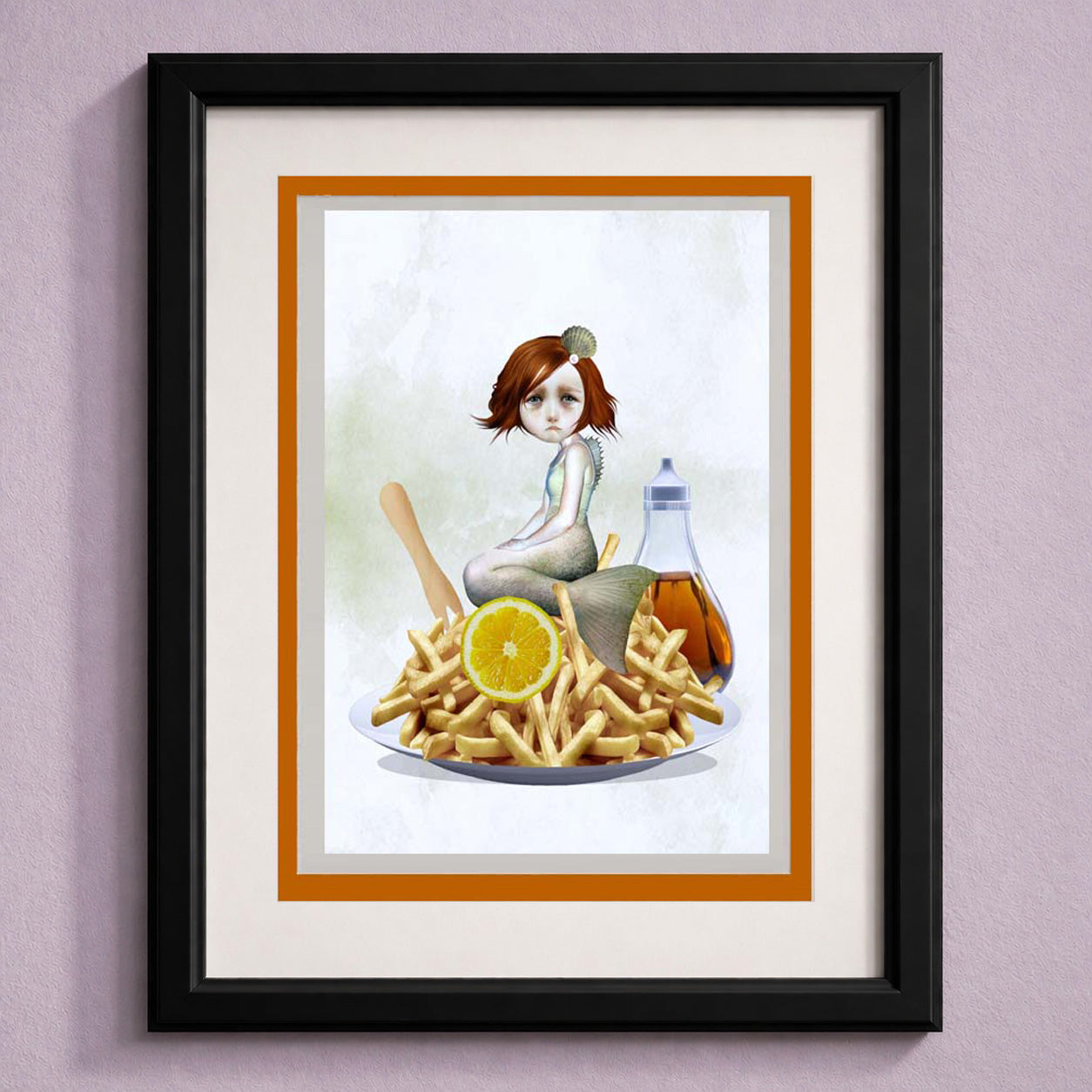 Framed artwork of a sad mermaid with chips on a diners plate against a light purple wall.