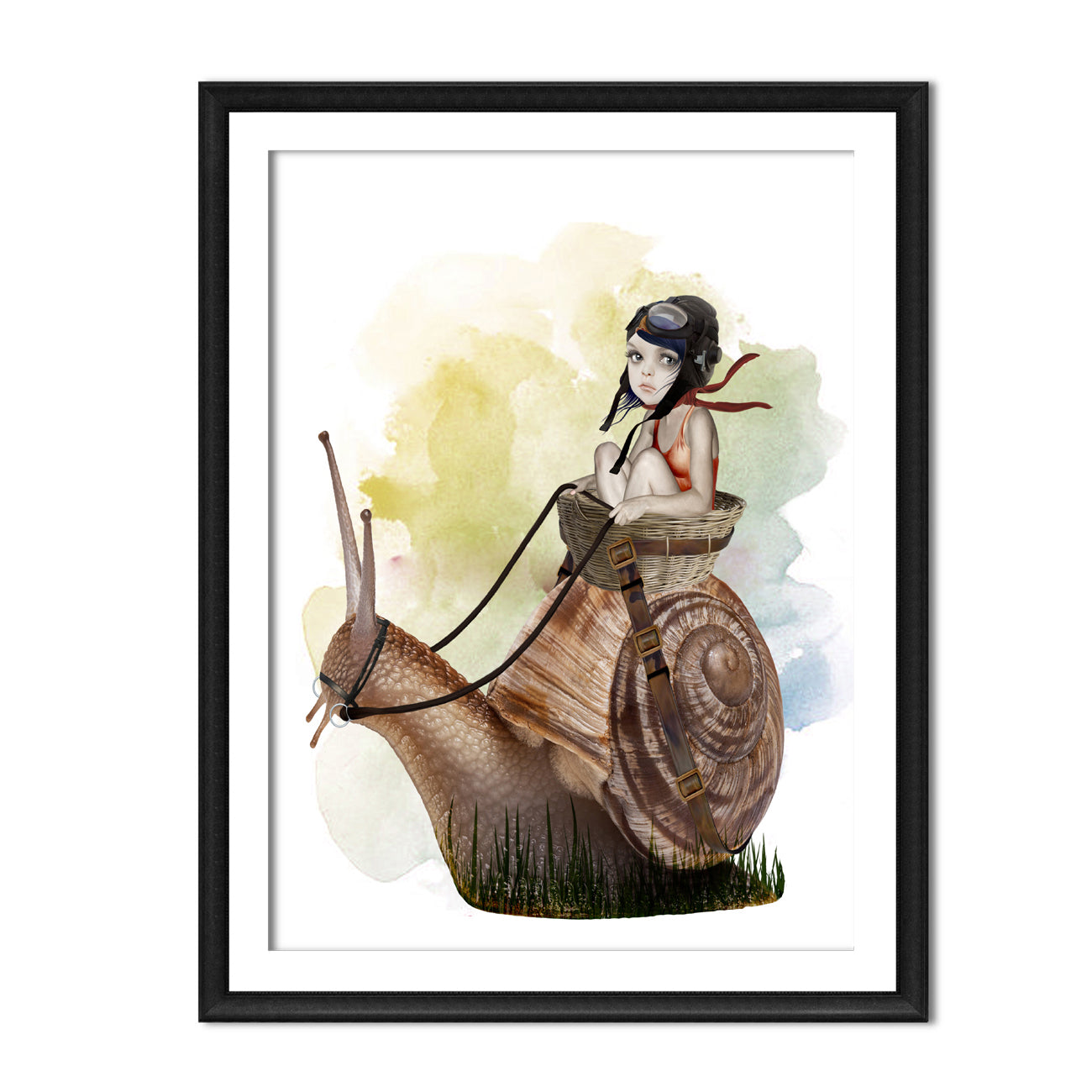 Framed surreal Garden Snail Art Print. This whimsical wall decor features an oversized garden snail with a playful girl riding on its back.