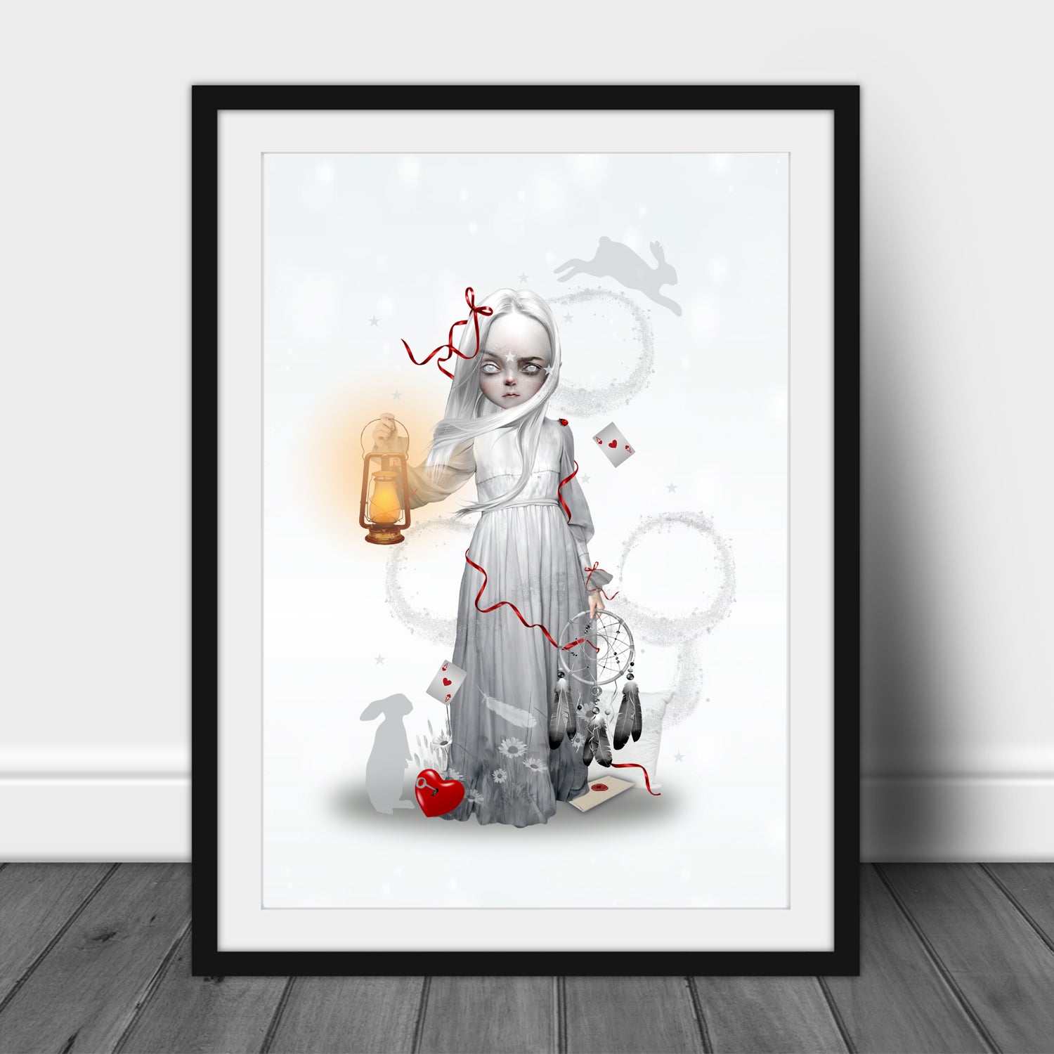Framed ethereal wall art print, image is a girl sleepwalking with a dreamcatcher and lantern to guide her way through her dreams.