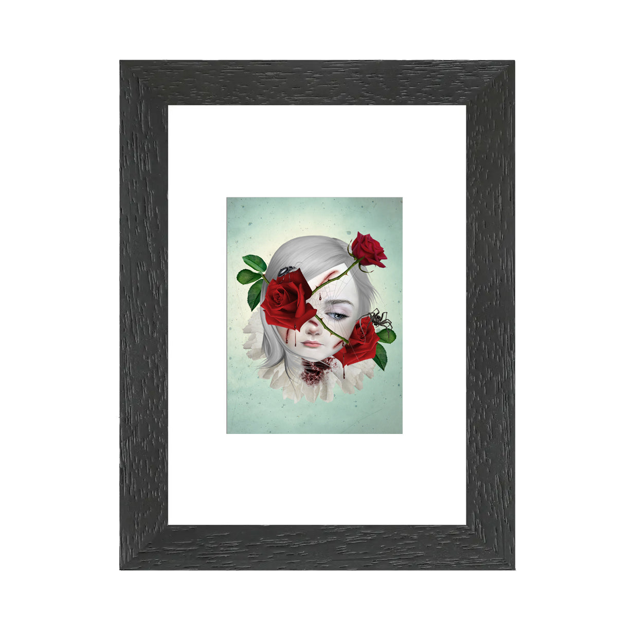 Framed ACEO print of thorny rose girl, featuring creepy cute gothic artwork perfect for home decor or art collectors.