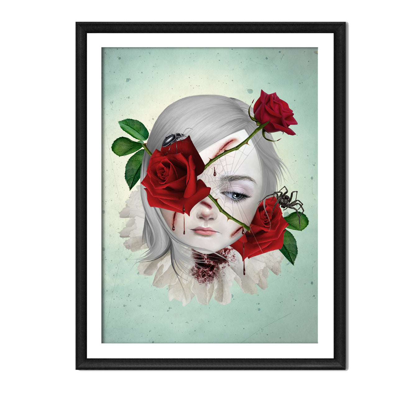 Framed art print of a girl with thorny red roses bleeding from the thorns, surrounded by a spider and beetle, set against a white background in a sleek black frame, capturing surreal dark fantasy emotion.