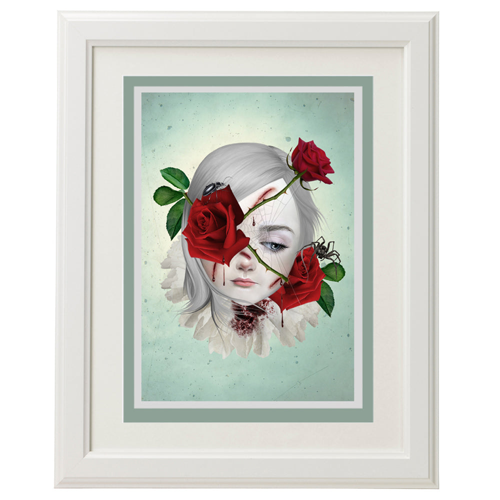 Framed Thorny rose girl card – a unique, dark art piece for home décor.