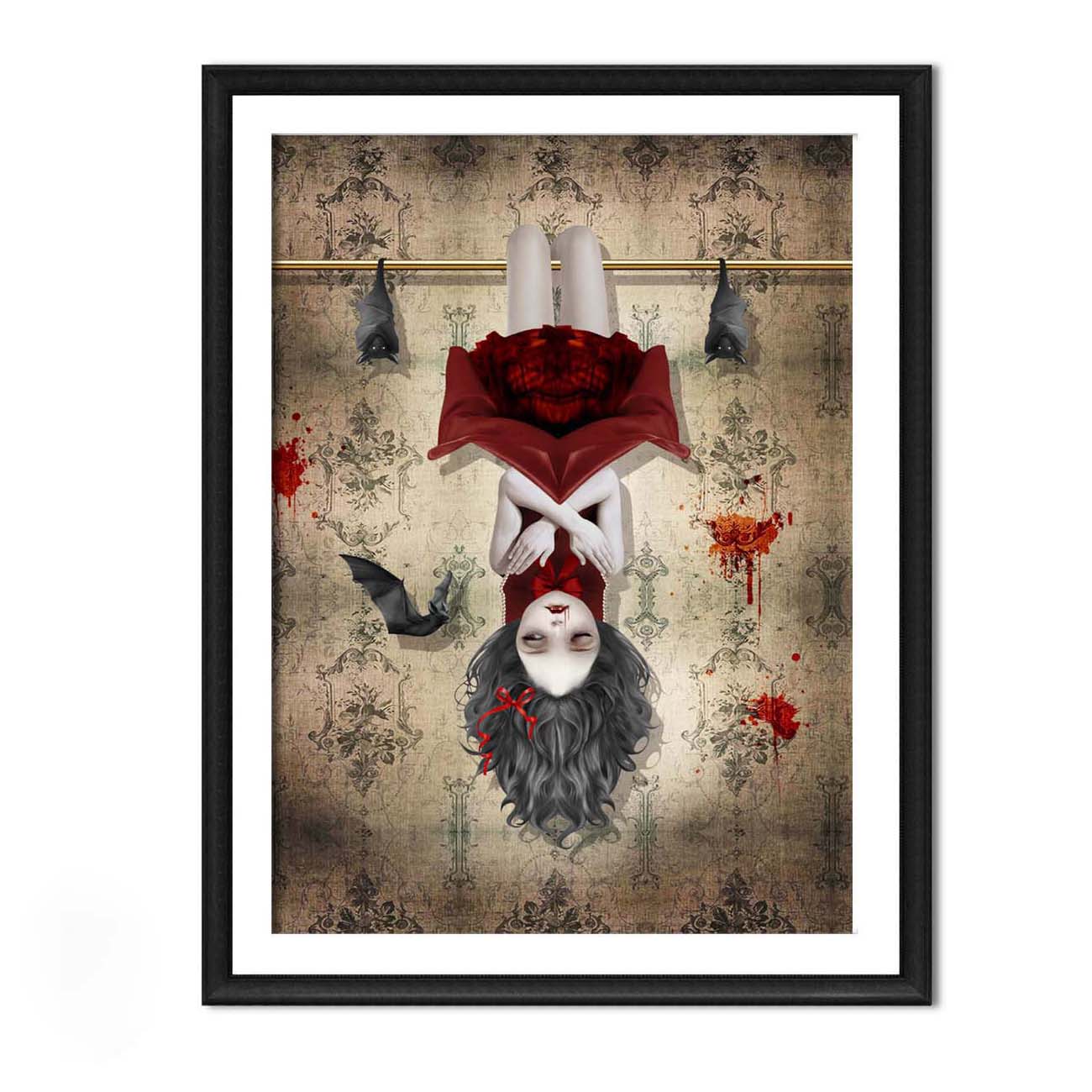 Framed gothic vampire girl art print with bats, red dress and vintage wallpaper in a dark whimsigoth style room decor piece.