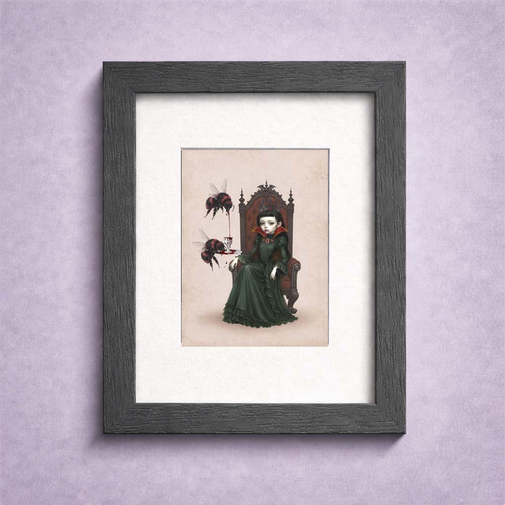 Framed ACEO miniature gothic art print features a dark-haired vampire queen on a throne with large red-and-black bumblebees pouring blood from a goblet.