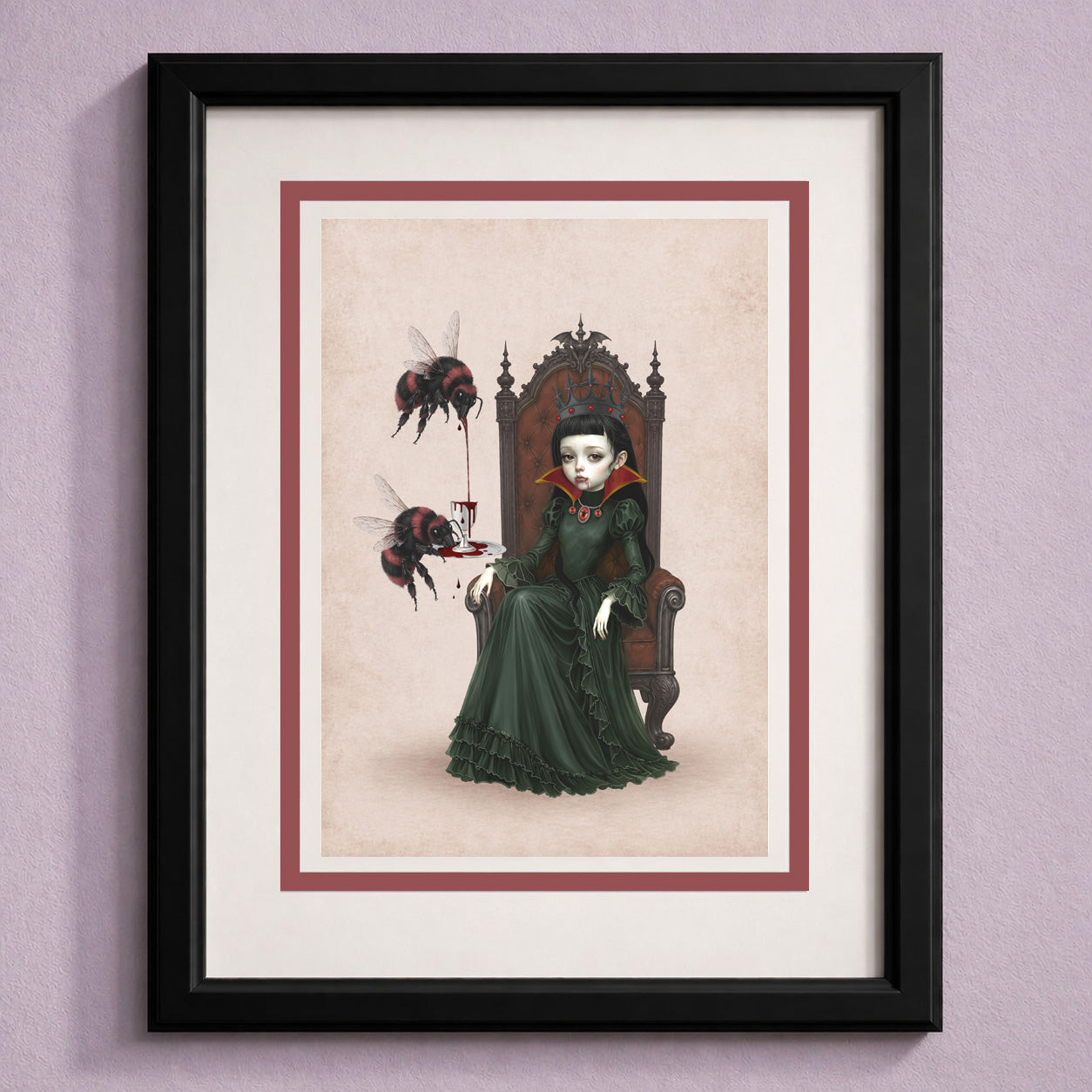 Framed art greeting card featuring a gothic vampire queen on a throne with large red and black bumblebees, blank inside.