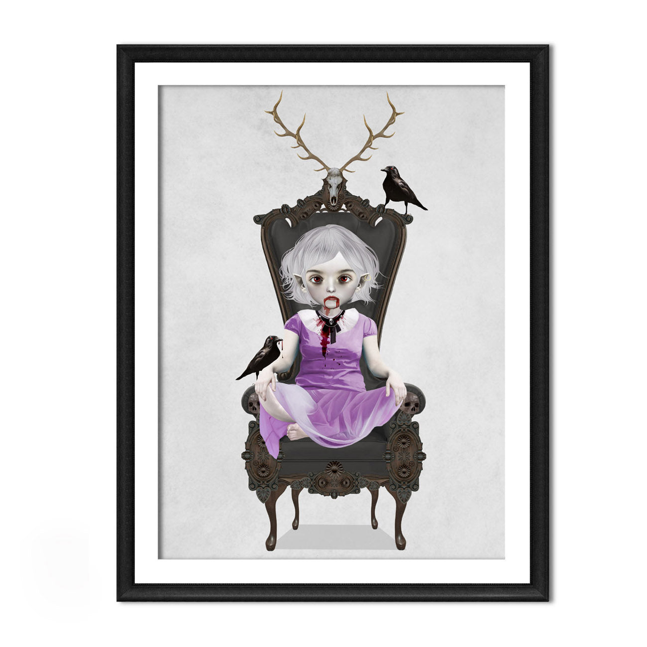 Framed vampire Art Print featuring a captivating vampire girl sitting in an ornate chair, her loyal ravens by her side.