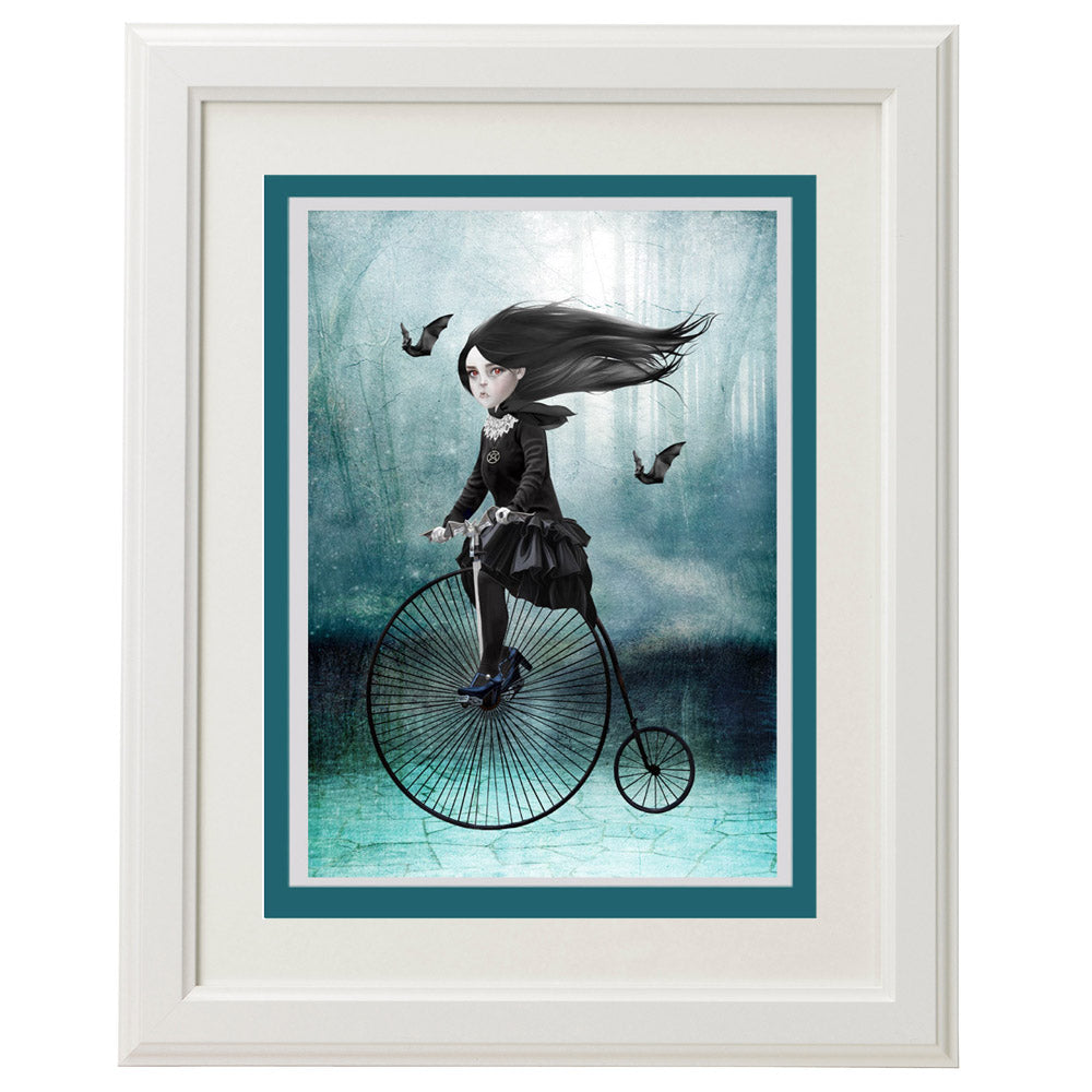 Vampire on penny farthing greeting card, perfect for framing as home decor.