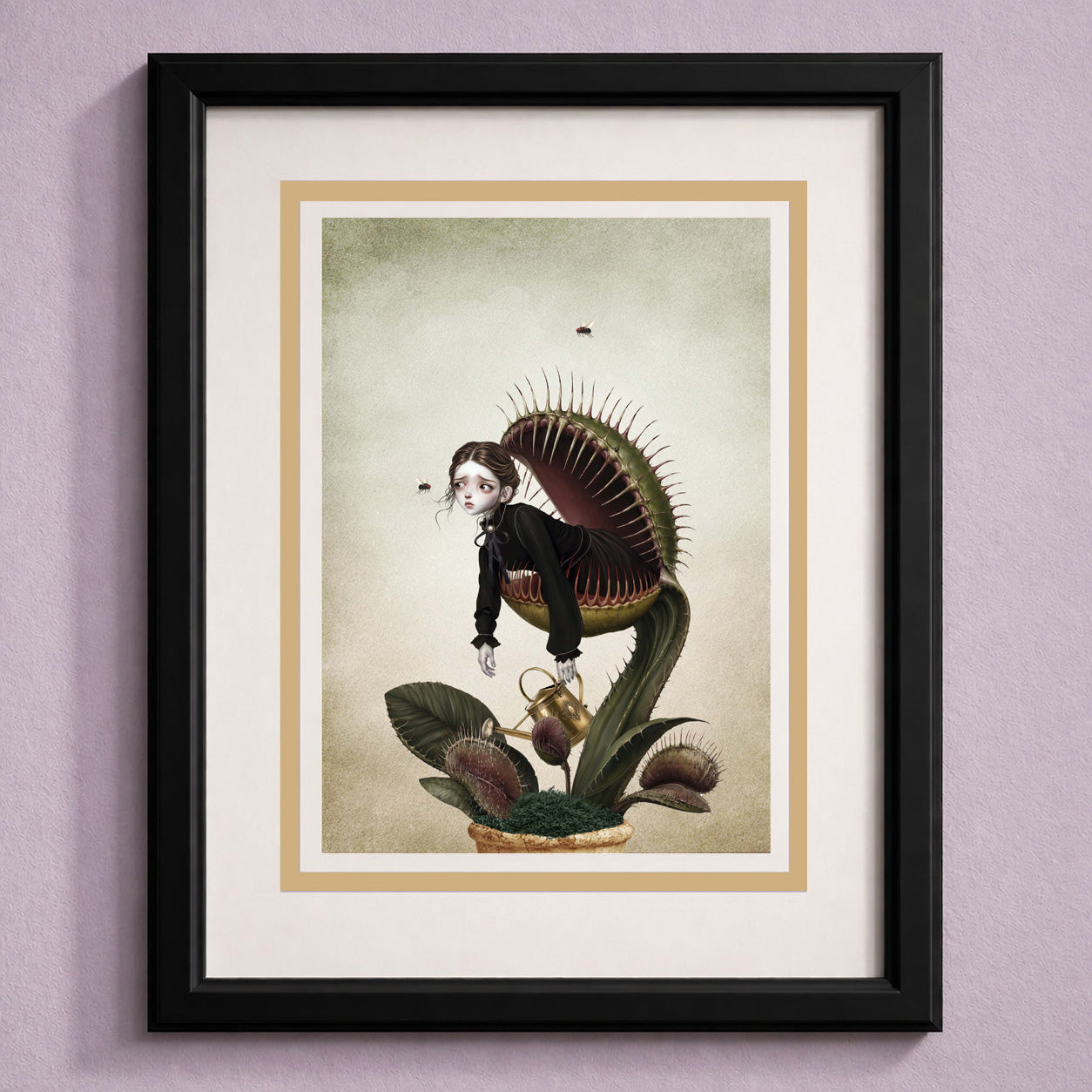 Framed Victorian gothic art greeting card of a girl inside a Venus flytrap.