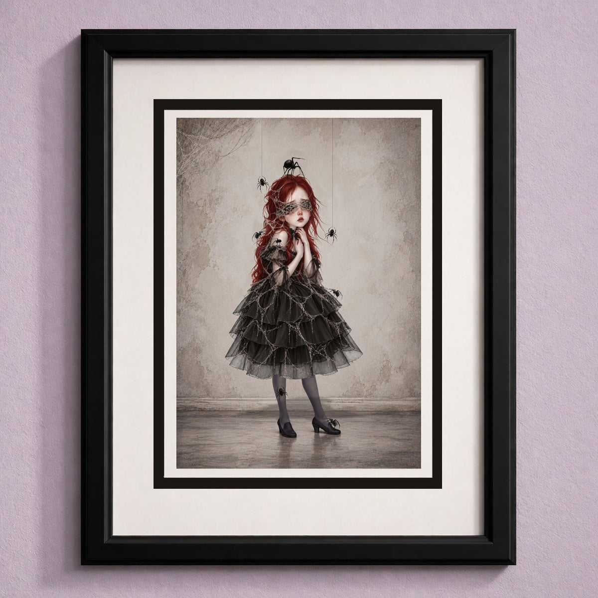 Framed gothic art greeting card featuring a surrealist portrait of a Victorian-style girl with spiderwebs over her dress