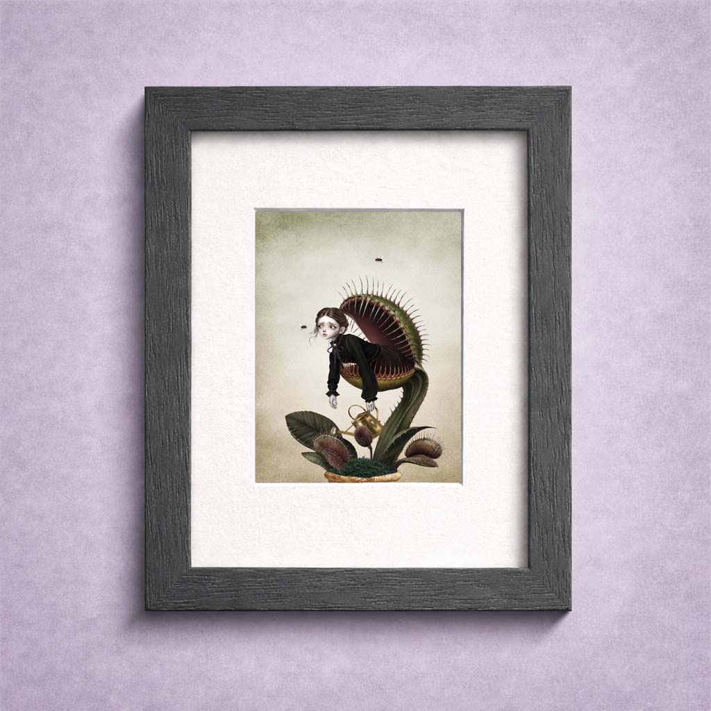A miniature Victorian gothic ACEO art card of a melancholy girl trapped in a giant Venus flytrap, displayed vertically in a small frame on a textured purple background.