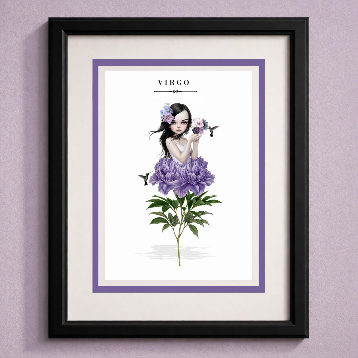 Framed Virgo zodiac birthday card with an illustration of a dark-haired maiden emerging from a large purple peony flower, holding a violet rose with hummingbirds.