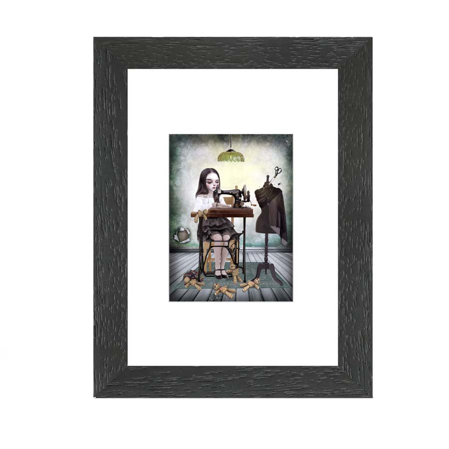 Creepy cute ACEO print of a girl creating voodoo dolls on a sewing machine. 