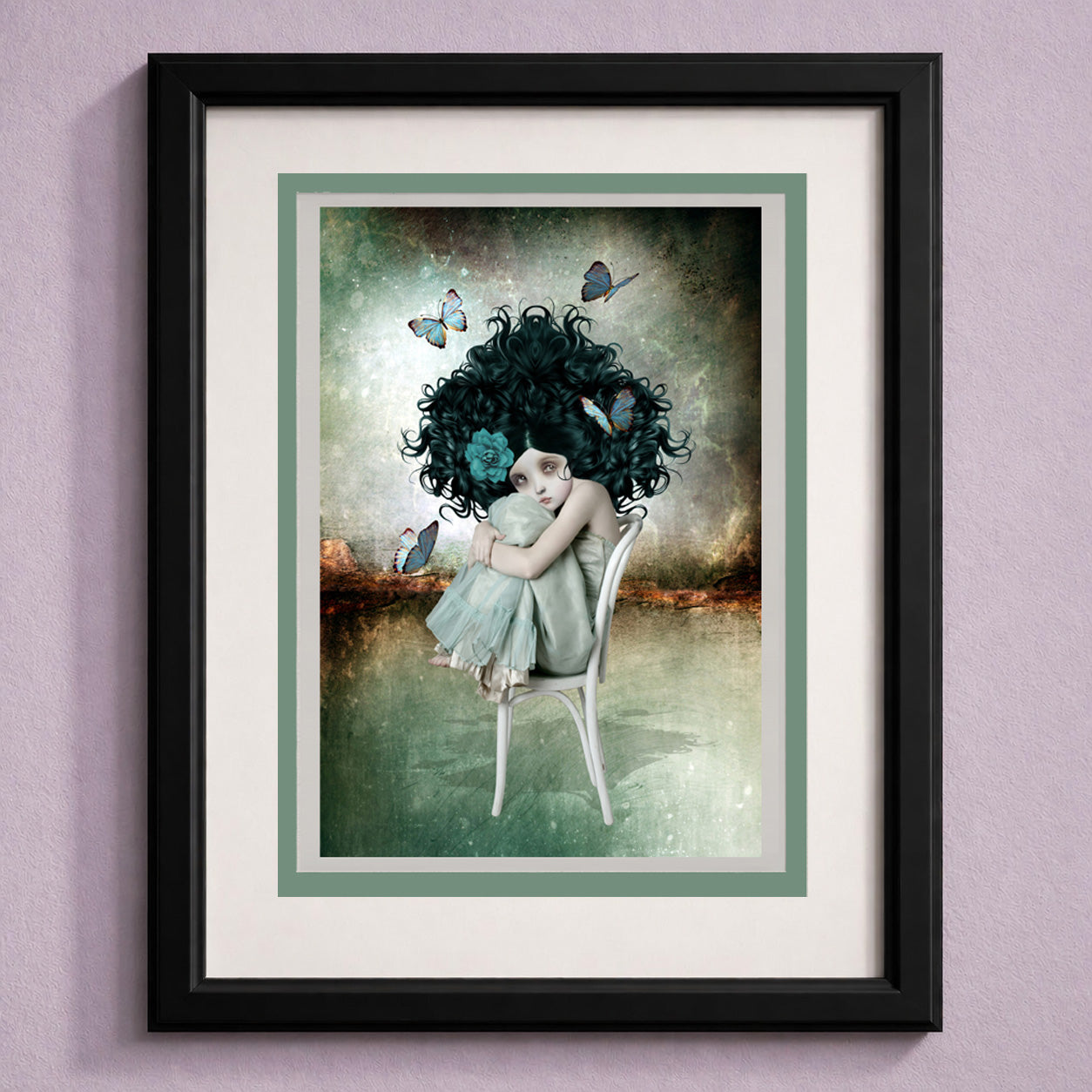 Framed art greeting card of a girl with dark hair and butterflies on a purple wall
