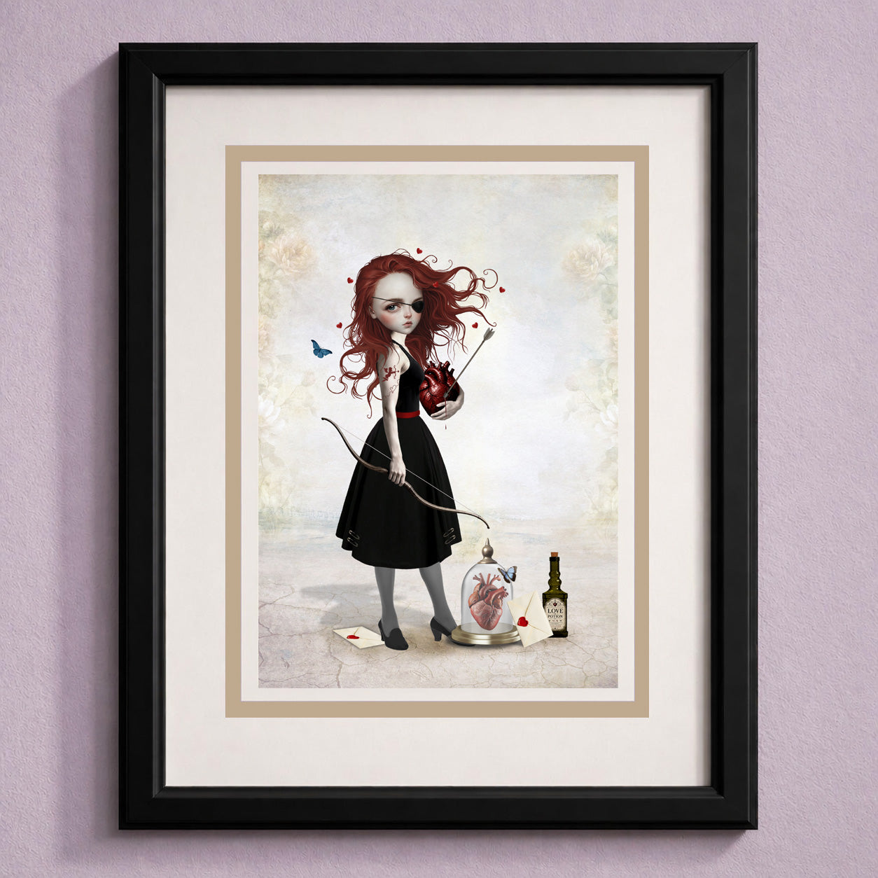 Framed whimsical love archer art greeting card, featuring a Pop Surrealism illustration of a gothic redhead archer holding an anatomical heart.