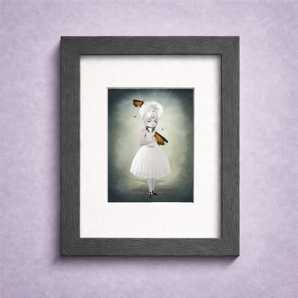 Whimsical Moth Girl ACEO Art Card in a frame featuring a girl with a light bulb head surrounded by moths.