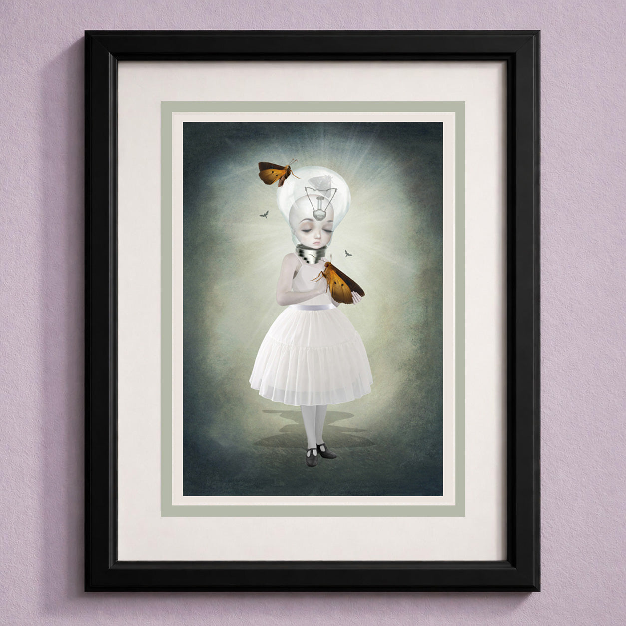 Framed whimsical art greeting card featuring a surreal moth girl with a light bulb head surrounded by moths.