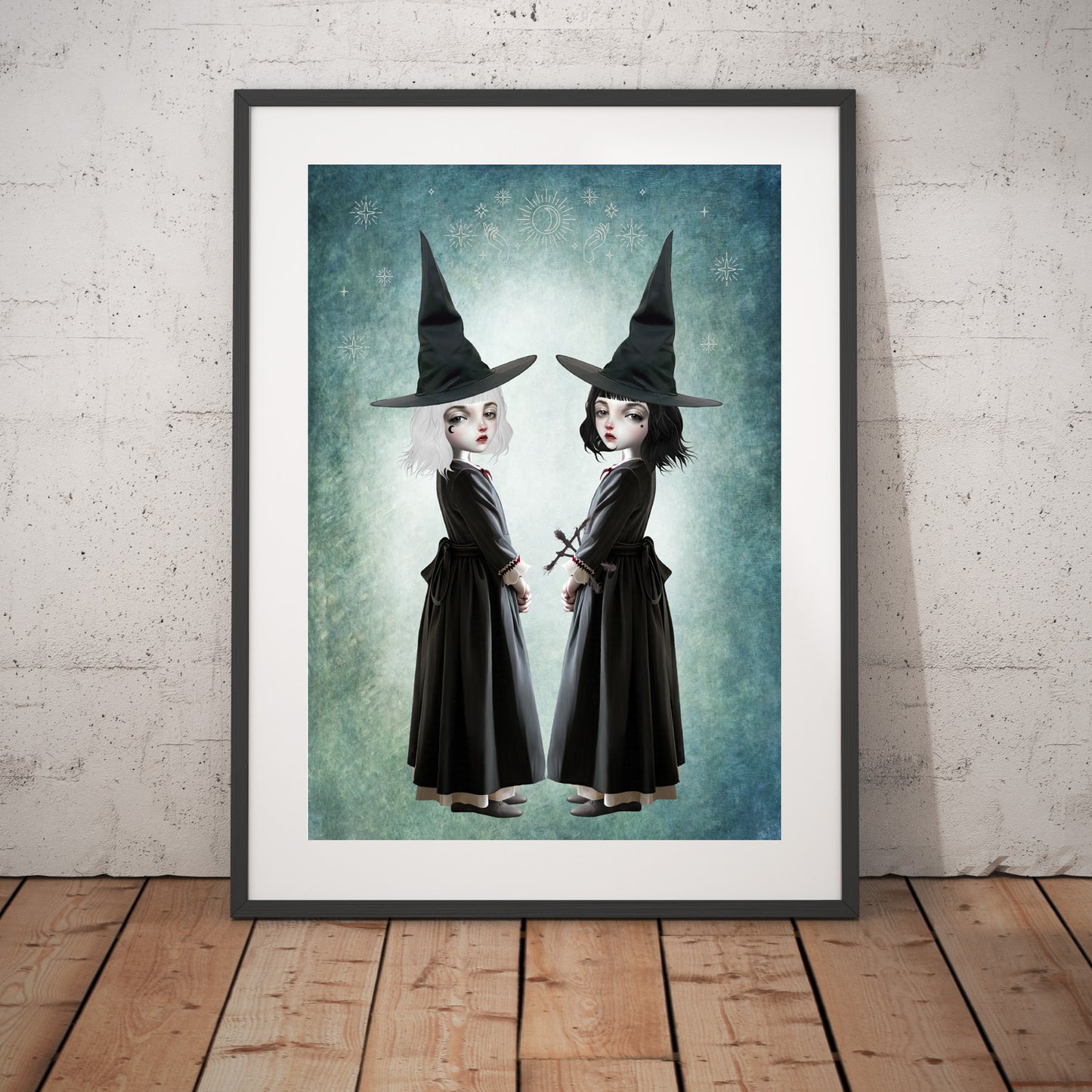 Magical mystical art print, featuring two spellbinding witches - one with a twynas.