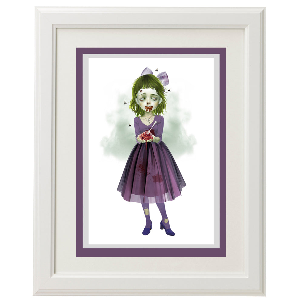 Framed Zombie Girl with a human brain card – a unique, dark art piece for home decor.