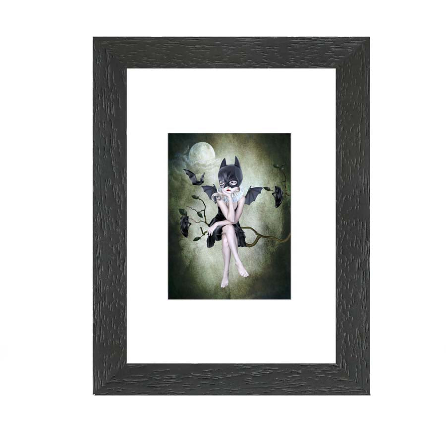 Framed ACEO captures the mysterious allure of a girl wearing a bat mask, sitting beneath the moonlight on a branch, watching the bats fly by.