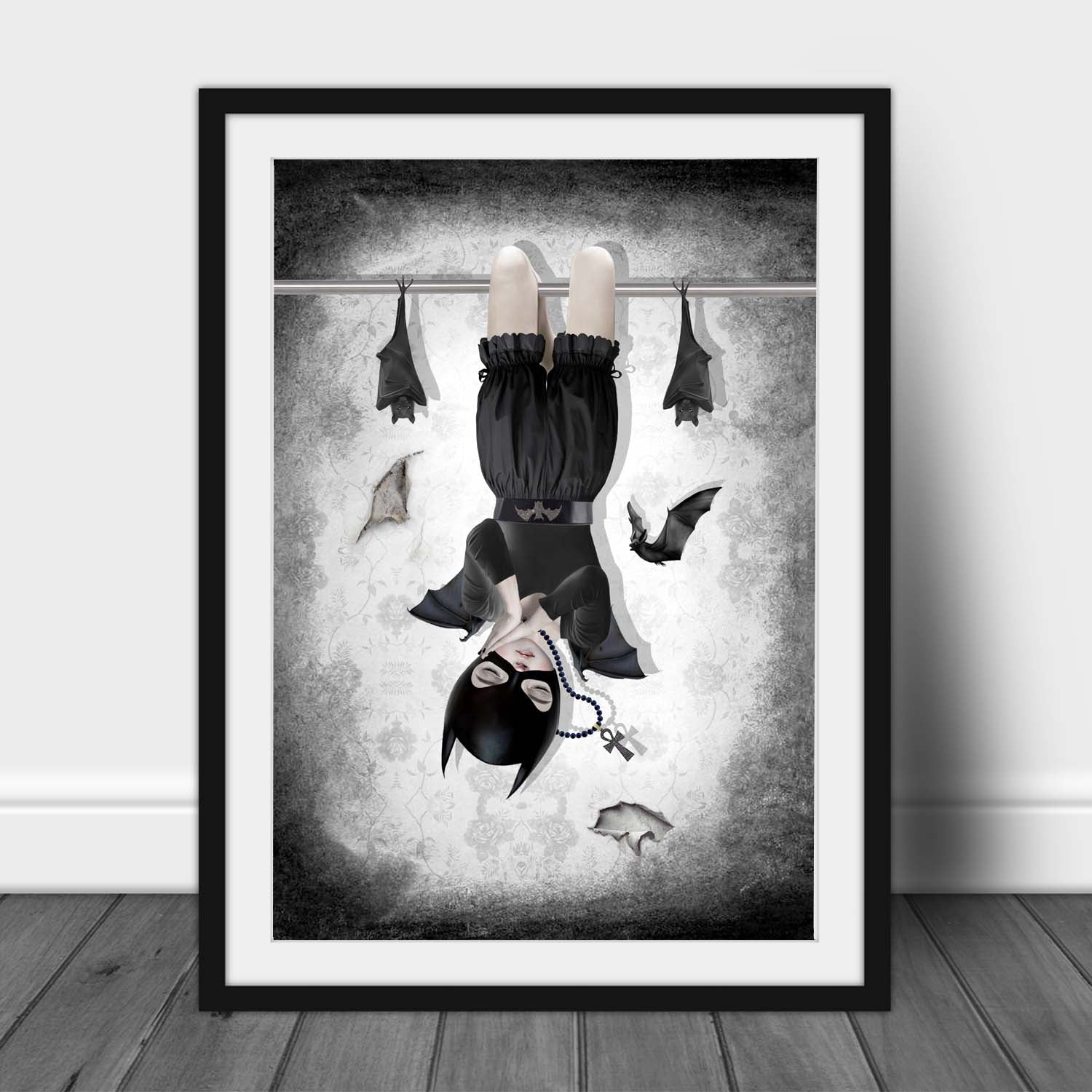 Whimsigoth wall art print of bat girl and bats sleeping in the belfry.
