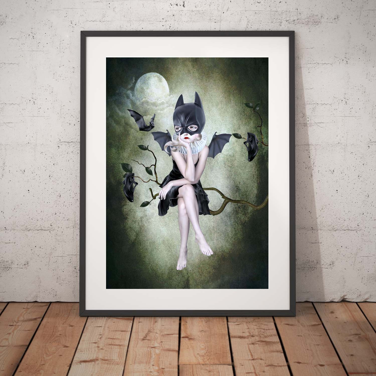 This surreal print features a girl in a bat mask, perched on a branch under the moonlight, surrounded by flying bats.