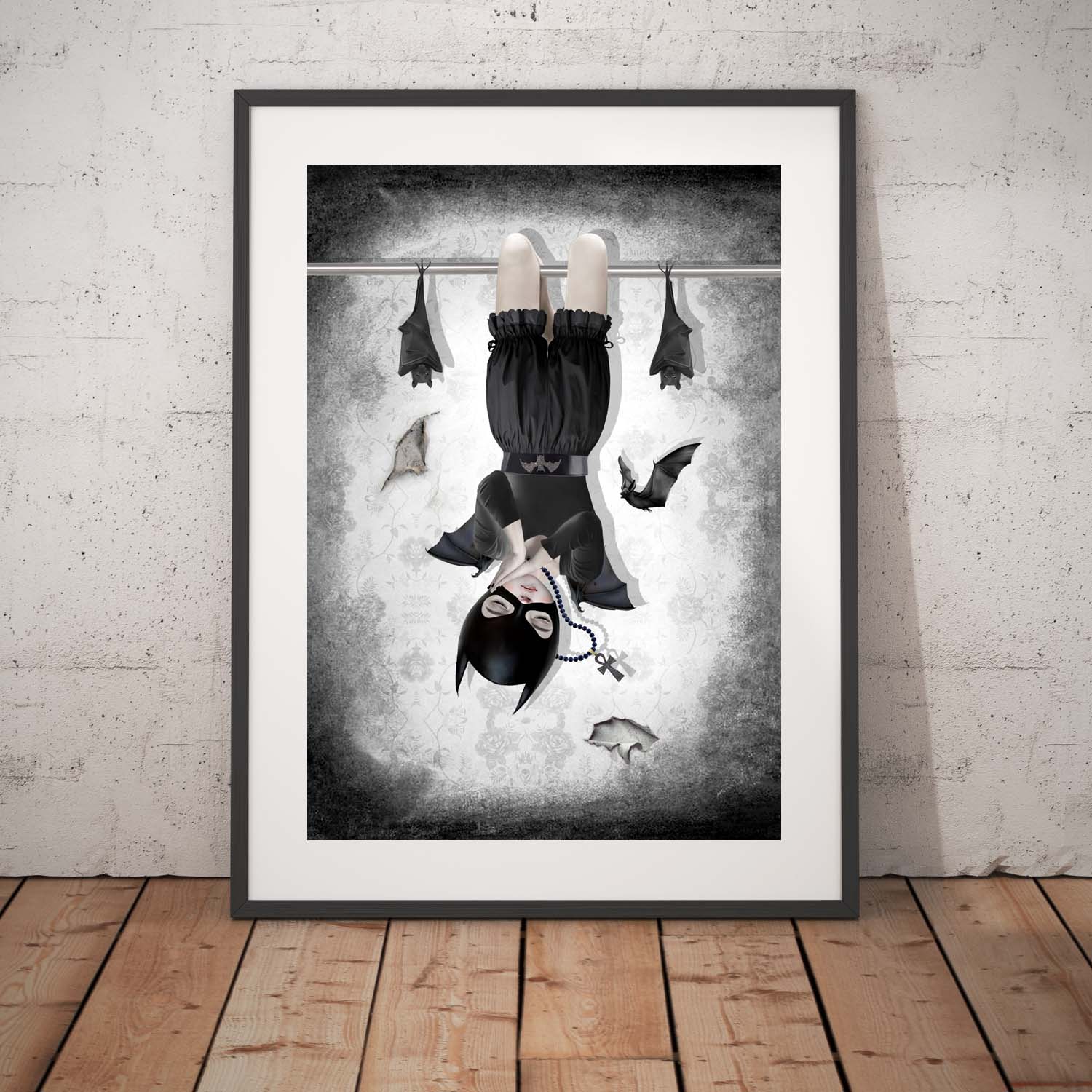 Surrealism art print features a masked bat girl asleep on a belfry, surrounded by her loyal bats.