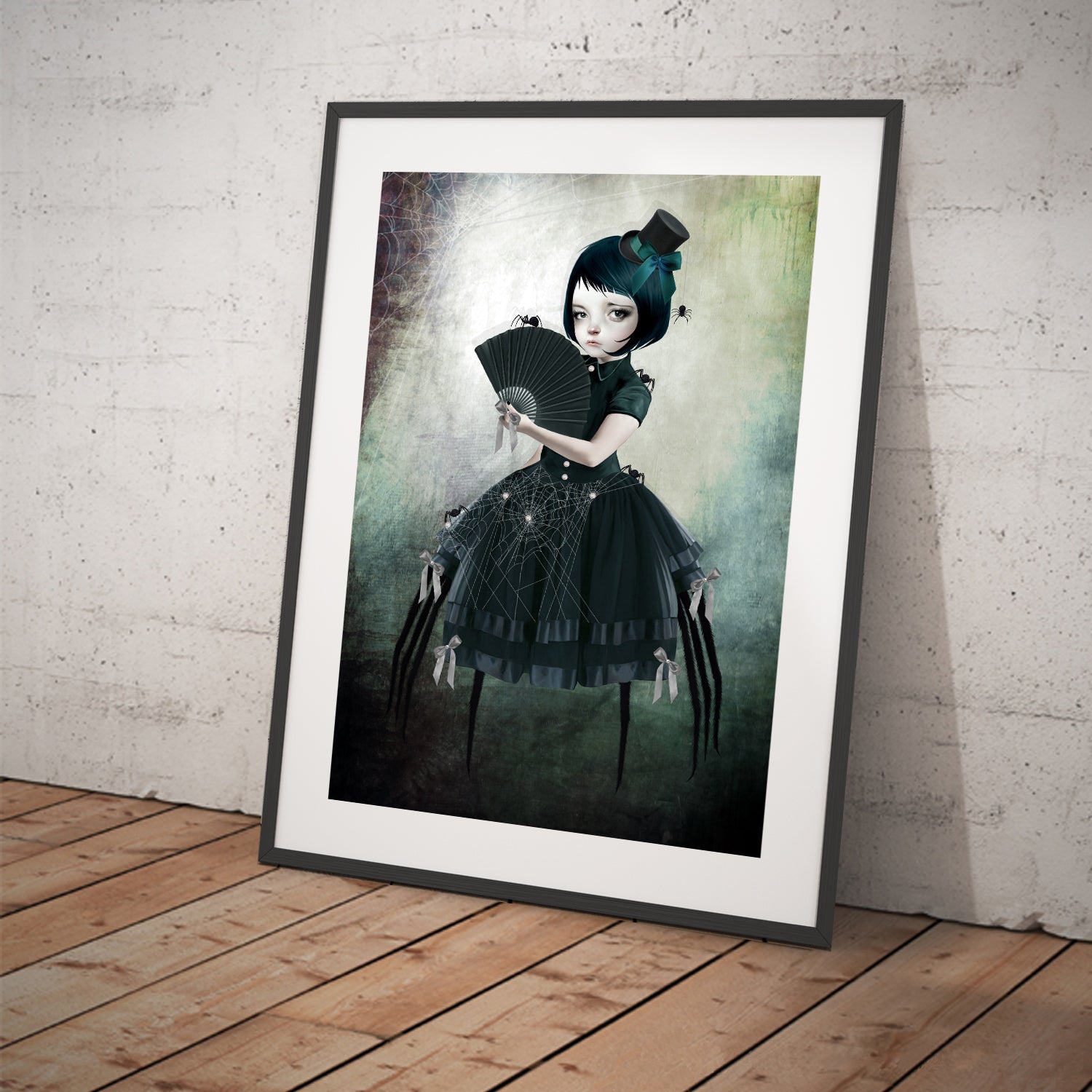 Dark whimsical art print, a spider girl surrounded by spiders.