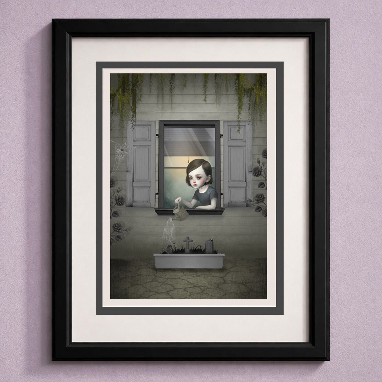 Framed dark surrealism girl window greeting card of a gothic girl watering graves.