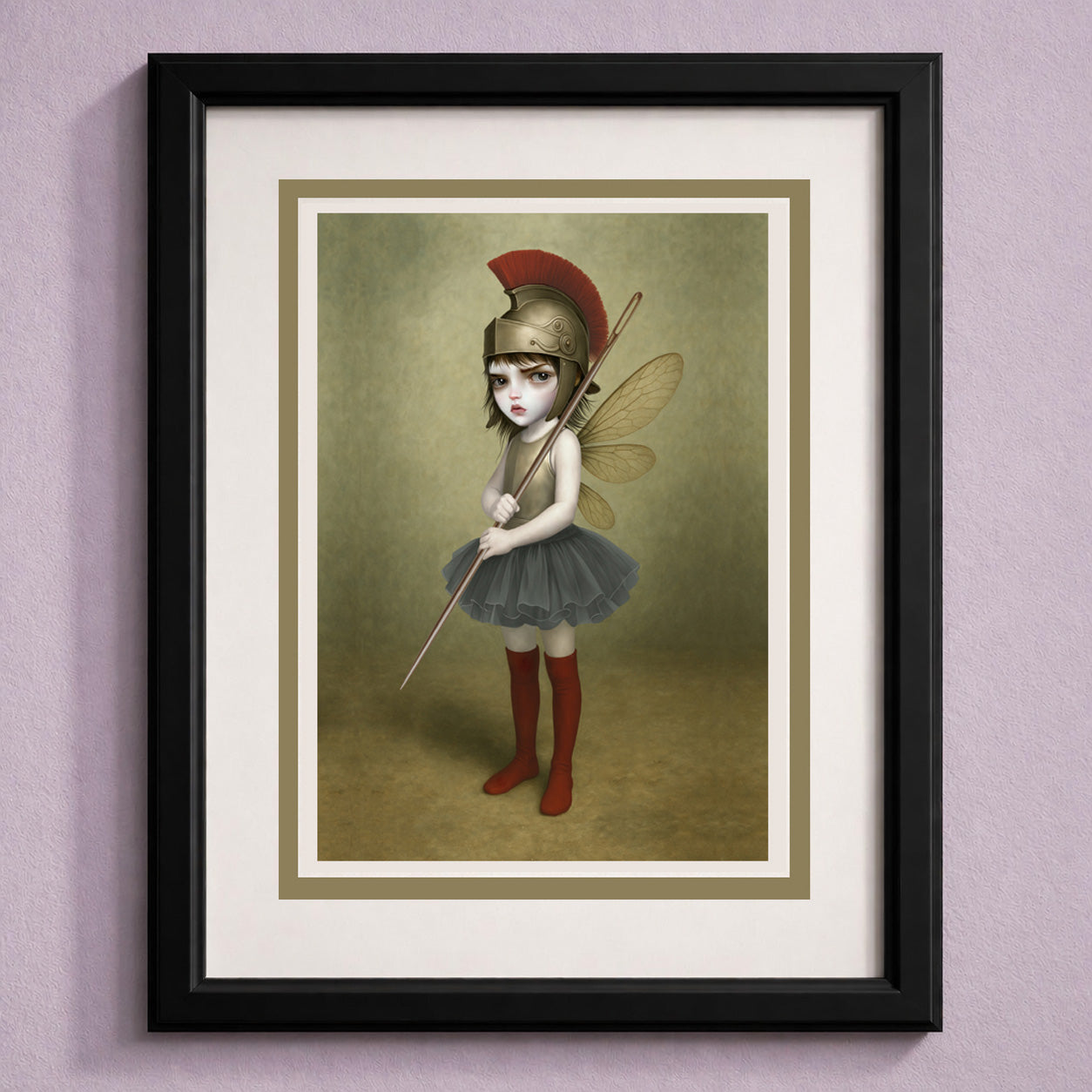 Surreal art greeting card in a frame for display. Featuring a fierce, big-eyed dark fairy dressed as an ancient warrior—complete with a plumed Roman helmet and a sewing needle spear.