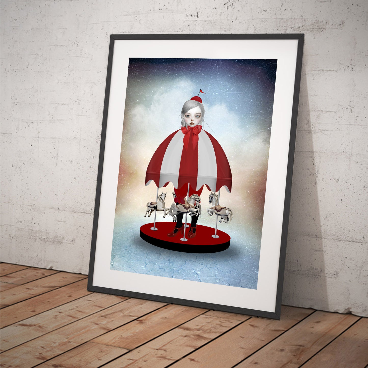 carousel girl surrounded by graceful carousel horses  whimsical pop surrealism art print in black frame.