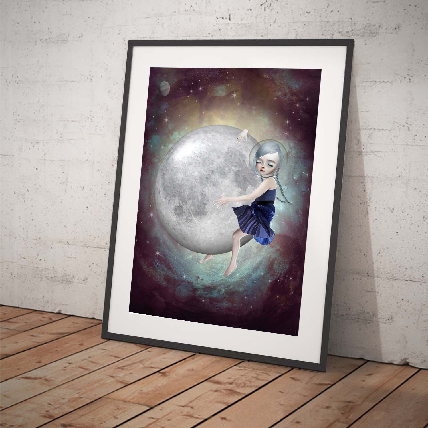 Surreal wall art print, image is a girl hugging the moon.
