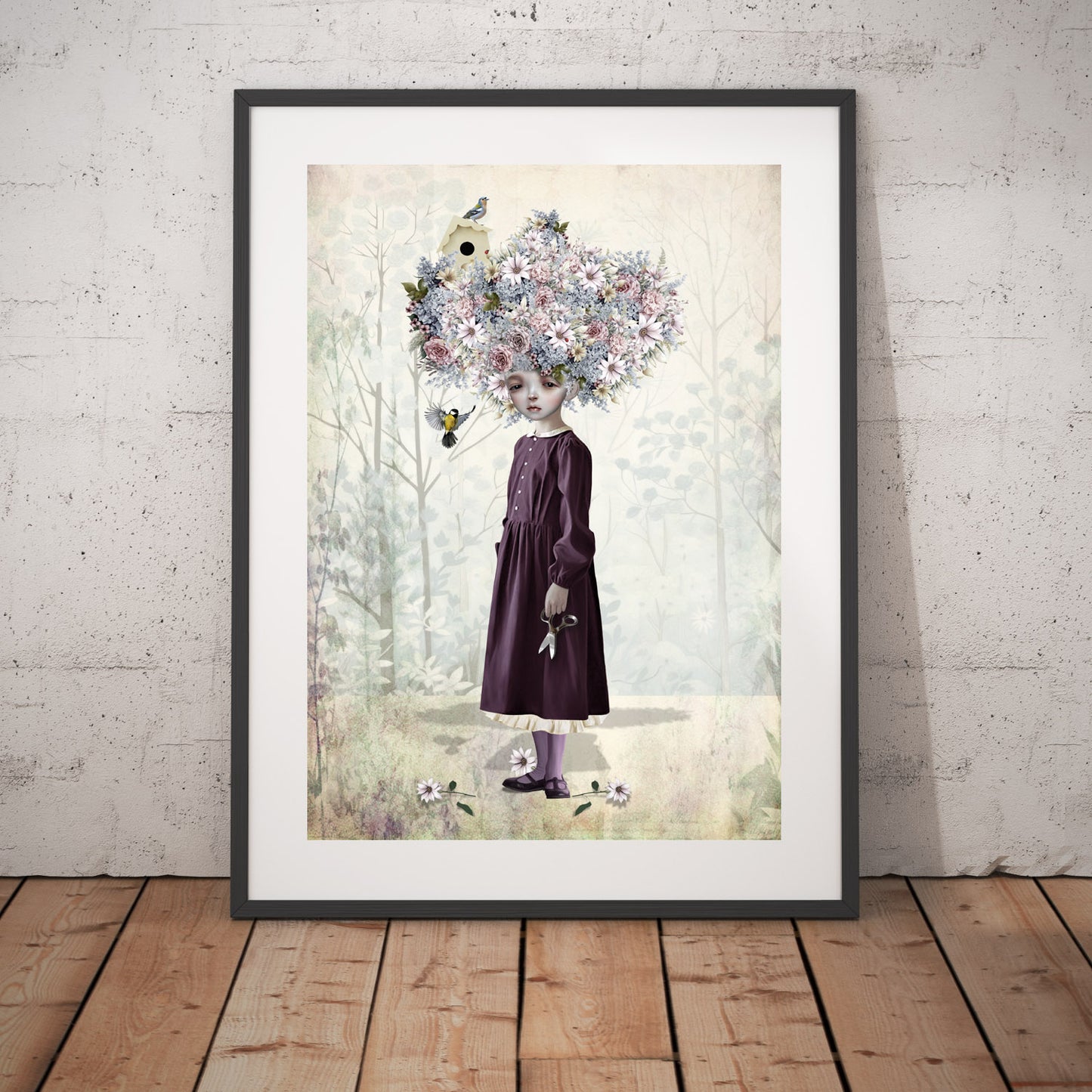 Whimsical Art Print. Featuring a girl with a unique hairstyle made of wild flowers instead of hair.