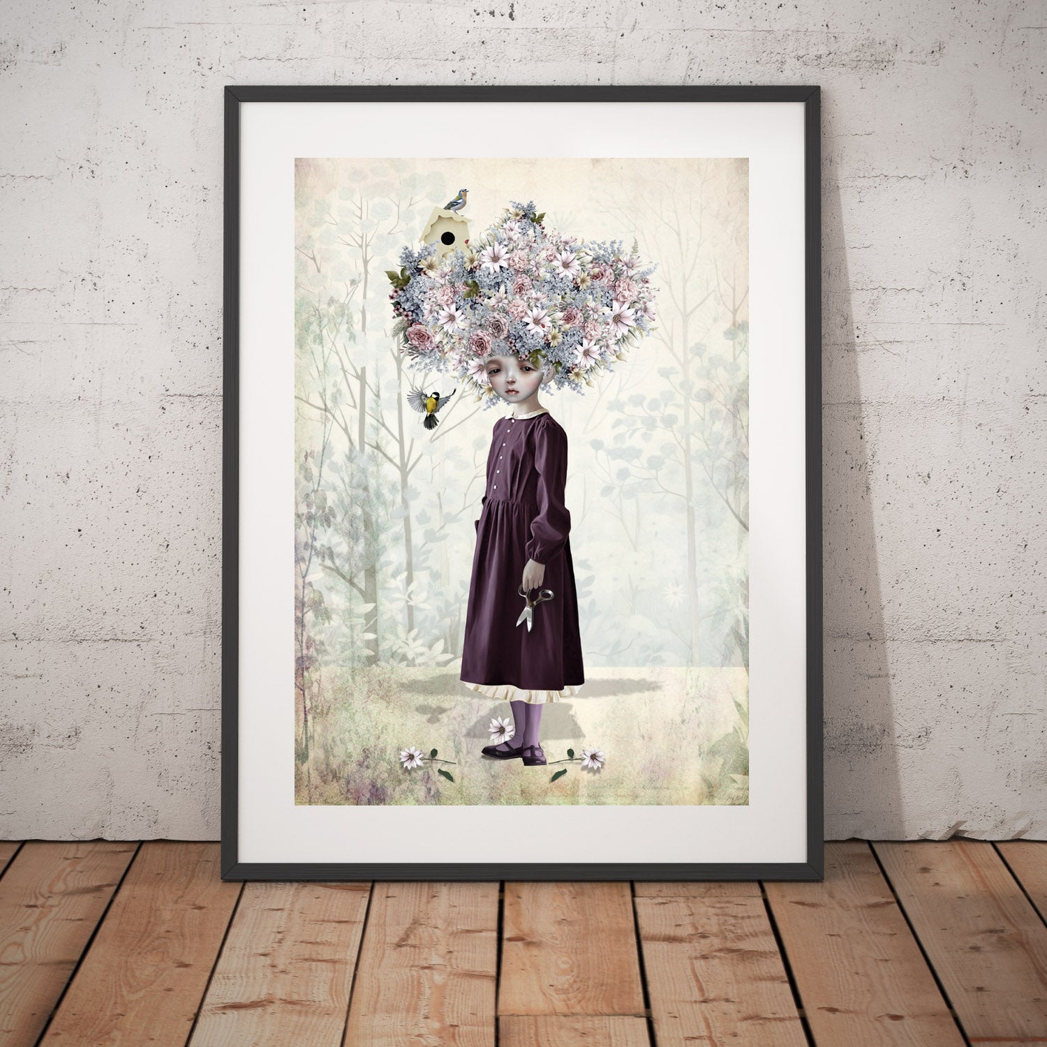 Whimsical Art Print. Featuring a girl with a unique hairstyle made of wild flowers instead of hair.