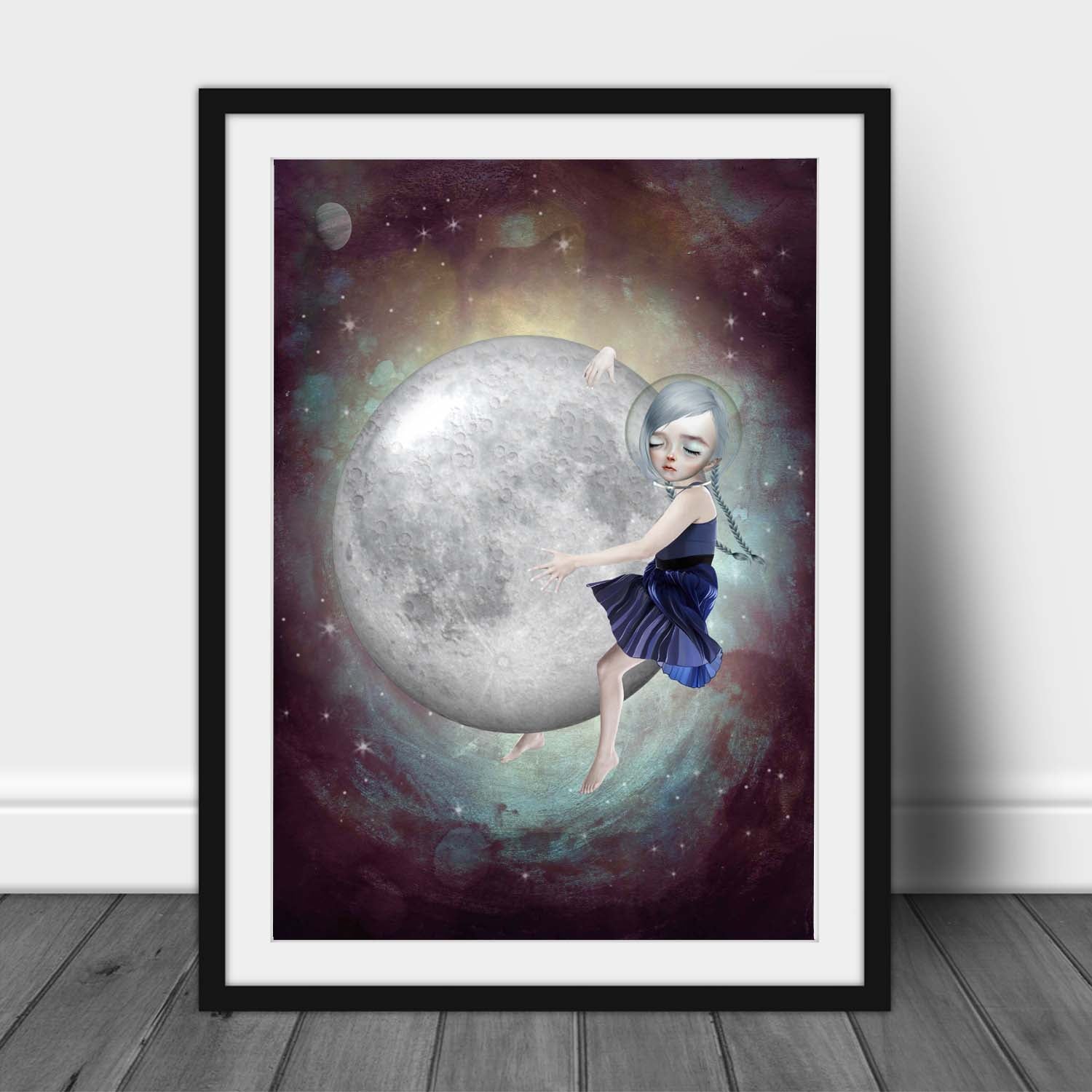 Outer space art print, image is a girl hugging the moon.