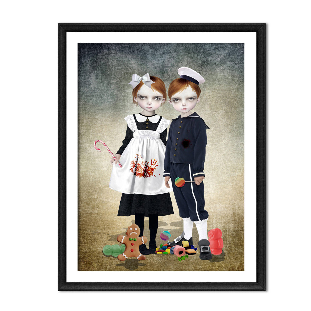 Framed Gothic Fairy tale art print features a creepy cute depiction of Hansel and Gretel. 